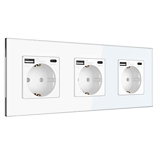 PULSAR Steckdose 3x USB-C 3x USB-A Schnell-Ladegerät Standard Schuko Steckdose 3 Fach 16A Unterputz mit USB Typ C, A Intelligente Erkennung Wandsteckdose Doppelsteckdose Quick Charge für Büro Zuhause von PULSAR
