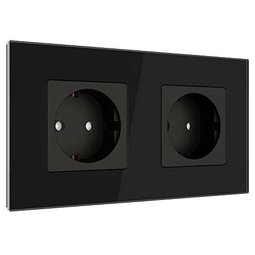 PULSAR Steckdose Glas Schwarz Doppelsteckdose Unterputz 230V/16A Moderne 2-Fach Schuko Wandsteckdose - 2fach Steckdose mit Kindersicherung Doppelte Unterputzsteckdose mit Steckdosenblende 157x86mm von PULSAR