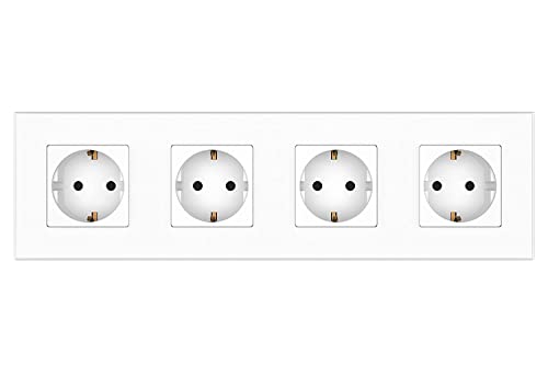 PULSAR Steckdose Unterputz Weiß 4 Fach mit Glasrahmen Schuko Steckdose 230V / 16A mit Kindersicherung Flache Wandsteckdose 299x86mm EU-Standard von PULSAR