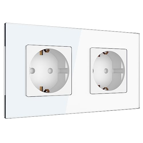 PULSAR Doppel-Steckdose Unterputz Weiß, Schutzkontakt Wandsteckdose 250V/16A aus gehärtetem Glas, 2-Fach Schuko Steckdosen 157 x 86 mm von PULSAR