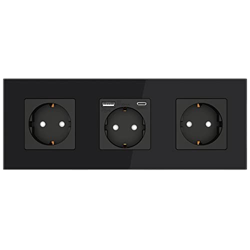 PULSAR Steckdose mit USB C und USB A Anschlüssen 3 Fach Schuko-Steckdose aus Glas mit USB Unterputz Steckdose Schwarz mit Kindersicherung Flache Wandsteckdose Unterputzsteckdose von PULSAR