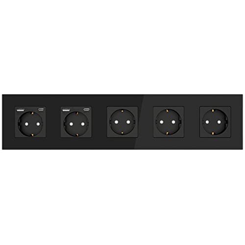 PULSAR USB-Steckdose Schwarz Glas/USB-C, USB-A Anschlüsse/Steckdose 5 Fach Unterputz mit Kindersicherung 370x86mm Flache Wandsteckdose Unterputzsteckdose EU-Standard von PULSAR