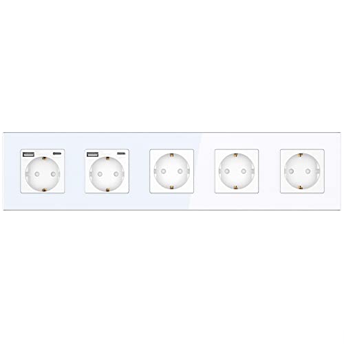 PULSAR Steckdose 5 Fach Weiß mit USB-C und USB-A Anschlüssen USB-Steckdose mit Glasrahmen Unterputz Steckdose mit Kindersicherung 370x86mm Flache Wandsteckdose von PULSAR