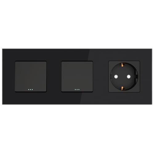 PULSAR Wechselschalter x 2 mit Steckdose Schwarz Glas 3-Fach, Lichtschalter Doppelt mit Schuko-Steckdose mit Kindersicherung Unterputz 16A 228 x 86mm PULSAR Wechselschalter x 2 mit Steckdose Schwarz Glas 3-Fach, Lichtschalter Doppelt mit Schuko-Steckdose mit Kindersicherung Unterputz 16A 228 x 86mm von PULSAR