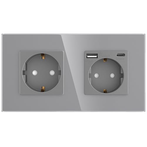 PULSAR Steckdosen USB C USB A 2 Fach Schuko-Steckdose aus Glas mit USB Anschluss Unterputz Steckdose Grau mit Kindersicherung Flache Wandsteckdose Doppelte Unterputzsteckdose mit Steckdosenblende von PULSAR