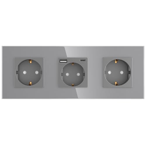 PULSAR Steckdosen mit USB Anschlüssen 3 Fach Schuko-Steckdose Glas mit USB Typ C Typ A Unterputz Steckdose Grau mit Kindersicherung Flache Wandsteckdose Steckdose mit Steckdosenblende von PULSAR