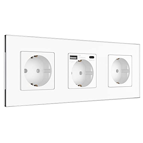 Pulsar Steckdosen mit USB Anschlüssen 3 Fach Schuko-Steckdose aus Glas mit USB Typ C Typ A Unterputz Steckdose Weiß mit Kindersicherung Flache Wandsteckdose Mehrfachsteckdose mit Steckdosenblende von PULSAR