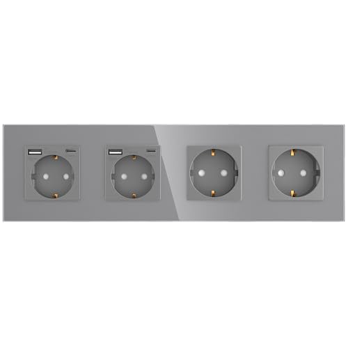 PULSAR Steckdosen mit USB Anschlüssen 4 Fach Schuko-Steckdose Glas mit USB Typ A Typ C Unterputz Steckdose Grau mit Kindersicherung Flache Wandsteckdose Mehrfachsteckdose mit Steckdosenblende von PULSAR