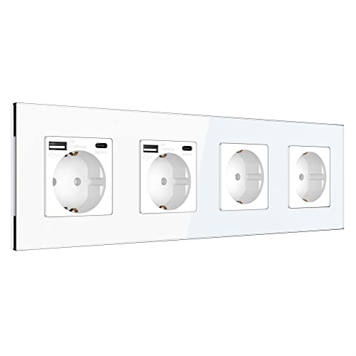 PULSAR Steckdose USB-C USB-A Schnell-Ladegerät Standard Schuko Steckdose 16A 4 Fach Unterputz mit USB Typ C, A Intelligente Erkennung Wandsteckdose Vierfachsteckdose Quick Charge für Büro Zuhause von PULSAR