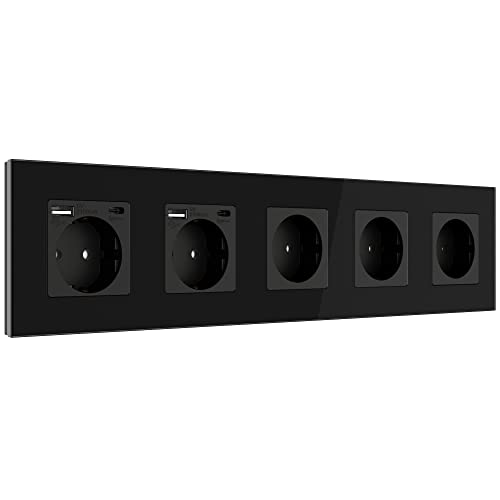 PULSAR Steckdose USB-C USB-A Schnell-Ladegerät Standard Schuko Steckdose 16A 5 Fach Unterputz mit USB Typ C, A Intelligente Erkennung Wandsteckdose Mehrfachsteckdose Quick Charge für Büro Zuhause von PULSAR