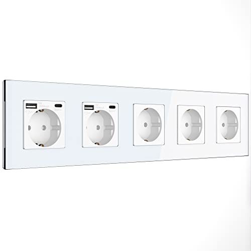 PULSAR Steckdose USB-C USB-A Schnell-Ladegerät Standard Schuko Steckdose 16A 5 Fach Unterputz mit USB Typ C, A Intelligente Erkennung Wandsteckdose Mehrfachsteckdose Quick Charge für Büro Zuhause von PULSAR
