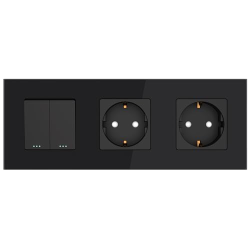 PULSAR Wechselschalter Doppelt mit Steckdose Schwarz Glas 3-Fach, Serienschalter und Schuko-Steckdose mit Kindersicherung Unterputz 16A 228 x 86mm von PULSAR