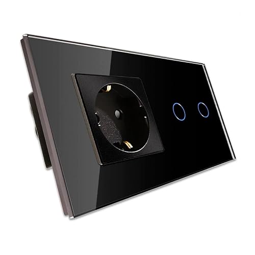 PULSAR Touch Lichtschalter Doppelt mit Steckdose 2 Fach Glas Schwarz - Serienschalter Touch Lichtschalter 110V - 240V mit Status-LED - Schuko Steckdose Unterputz 230V 16 A von PULSAR
