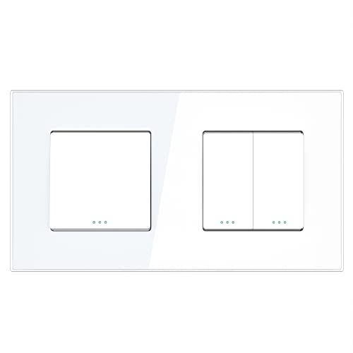 PULSAR UP Ein-/Ausschalter mit Doppelwechselschalter in Glasrahmen Doppelschalter Weiß 2 Fach Lichtschalter Unterputz 4mm gehärtetes Glas Ein-Ausschalter/Wechselschalter Doppelt Kombination von PULSAR