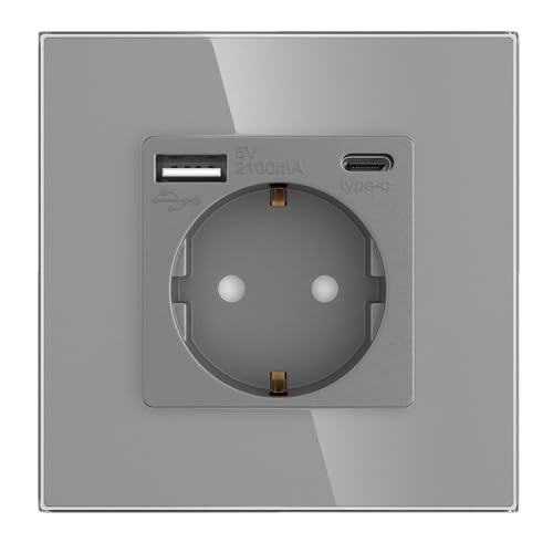 PULSAR USB C USB A Steckdose Schuko-Steckdose aus Glas mit USB Anschluss 1 Fach Unterputz Steckdose Grau mit Kindersicherung Flache Wandsteckdose Einzelsteckdose 16A für Büro Zuhause von PULSAR
