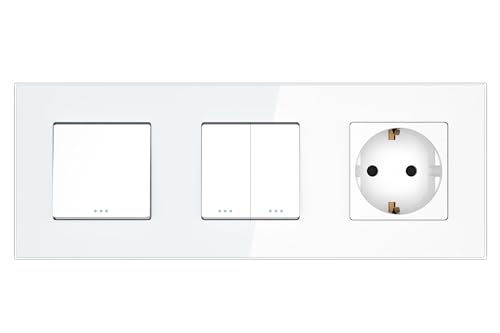 PULSAR Wechselschalter, Serienschalter, Steckdose Unterputz 3 Fach Weiß Glas - Steckdose mit Lichtschalter Kombination von PULSAR