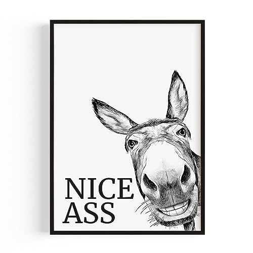 Badezimmer Deko Bilder – Kunstdruck 'Nice Ass Esel' A4 (21 x 29,7 cm) – Made in Germany – Mit Rahmen – Ideal für ein frisches Ambiente im Bad, fertig gerahmt – Ein stilvoller Akzent für Dein Heim von GiveSmiles