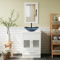 Badezimmer Badmöbel Set Waschtischunterschrank Weiß Badezimmerschrank mit Waschbecken, Badezimmerspiegel und Wasserhahn Set - Weiß, blau - Puluomis von PULUOMIS