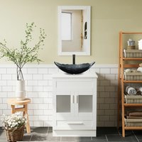 Badezimmer Badmöbel Set Waschtischunterschrank Weiß Badezimmerschrank mit Waschbecken, Badezimmerspiegel und Wasserhahn Set - schwarz, silber von PULUOMIS