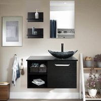 Badezimmer Badmöbel Set Waschtischunterschrank Schwarz Badezimmerschrank mit Waschbecken, Badezimmerspiegel und 2 Wandregale, Wasserhahn Set - sibler von PULUOMIS