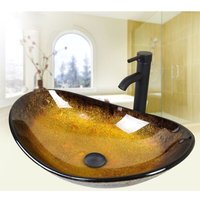 Waschbecken Aufsatzwaschbecken Waschschale Waschtisch Glas Oval Bad Schwarz Gelb - Gelb von PULUOMIS