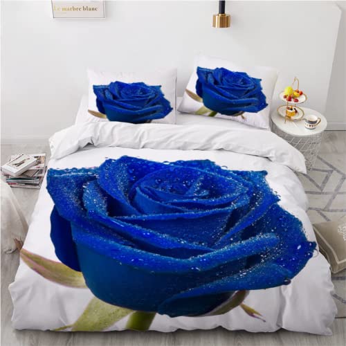 PUMAPU BettwäSche 135x200 cm Blaue Rosen 3 teilig Bettbezug Flauschig Leicht Mikrofaser Betten Set mit Reißverschluss Romantik, Blumen 3D Motiv Bettwäsche-Set mit 2 Kissenbezüge 80x80cm von PUMAPU