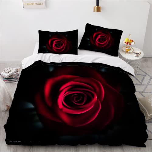 PUMAPU BettwäSche 135x200 cm Rote Rosen 3 teilig Bettbezug Flauschig Leicht Mikrofaser Betten Set mit Reißverschluss Romantik, Blumen 3D Motiv Bettwäsche-Set mit 2 Kissenbezüge 80x80cm von PUMAPU