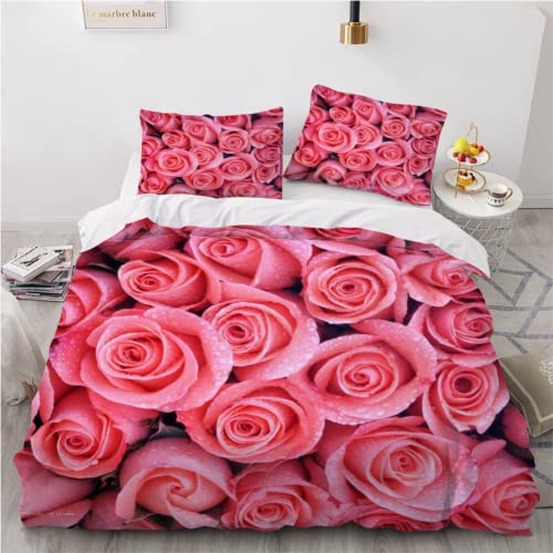 PUMAPU BettwäSche 135x200 cm Rote Rosen 3 teilig Bettbezug Flauschig Leicht Mikrofaser Betten Set mit Reißverschluss Romantik, Blumen 3D Motiv Bettwäsche-Set mit 2 Kissenbezüge 80x80cm von PUMAPU