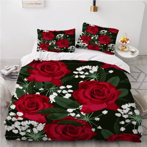PUMAPU Bettwäsche 135x200 cm Rote Rosen 3D Druck Flauschig Leicht Mikrofaser Bettwäsche-Set mit Reißverschluss Romantik, Blumen 3 teilig Bettbezüge Betten Set mit 2 Kissenbezug 80x80cm von PUMAPU