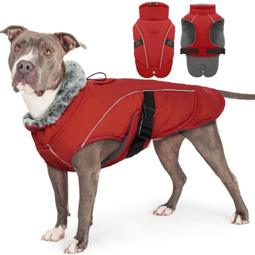 Hundemantel Winter, Wasserdicht Hundejacken Große Hunde Weste Winddicht Hundejacke Warm Fleece Haustier Bekleidung Reflektierend Winterjacken mit Leine Loch(Rot, 3XL) von PUMYPOREITY