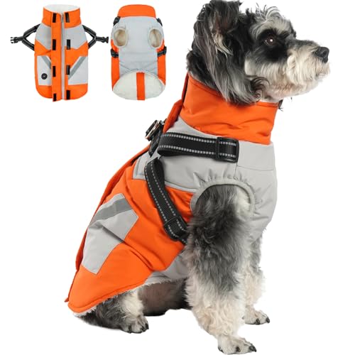 Hundejacke mit Geschirr, Hunde Winterjacke Gefütterte mit Leine Hundekleidung für Mittelgroße Hunde gegen Kälte Wind Winter Wasser- und Winddicht Hundeweste Welpenjacke(Orange, 2XL) von PUMYPOREITY