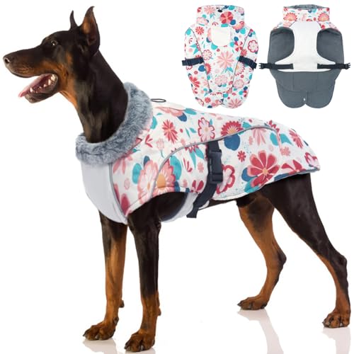 Hundemantel Wasserdicht, Winter Hundejacke Warme Winddichter Anti-Schneeanzug Winter Hundebekleidung Outfit für Kleine Mittlere und Große Hunde(Blumen, XL) von PUMYPOREITY