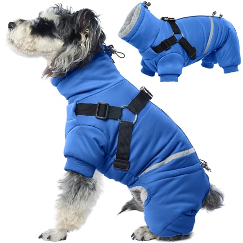 Hundemantel mit Geschirr, wasserdichte Welpen Warme Jacke Weste Reflektierende Hundejacke Fleece Gefüttert Wintermantel Onesie Overall Jacken mit Fleecekragen Winter Hundekleidung(Blau, XL) von PUMYPOREITY