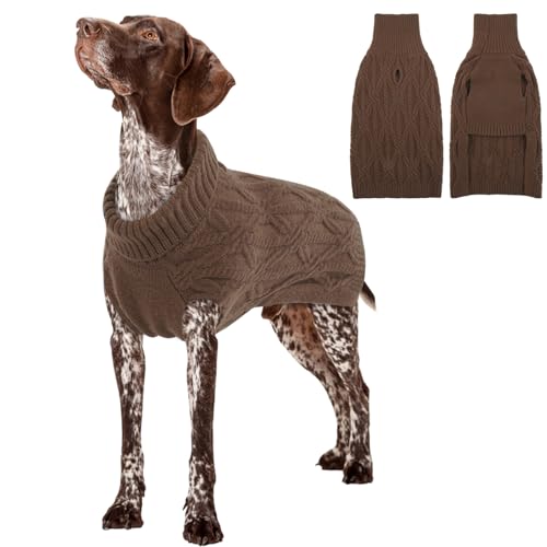 Hundepullover Grosse Hunde, Strickmantel Mit Rollkragen Für Mittelgroße Hunde, Sweatshirt Warm Pullis Französische Bulldogge Mit Geschirr Loch (Braun, 2XL) von PUMYPOREITY