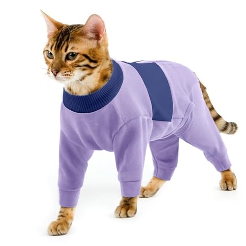Katzen Klamotten, Baumwolle Schlafanzug Katze Jumpsuit Onesie Wintermantel Jacke Angst Lindern Einfaches An- Und Ausziehen(Lila, M) von PUMYPOREITY