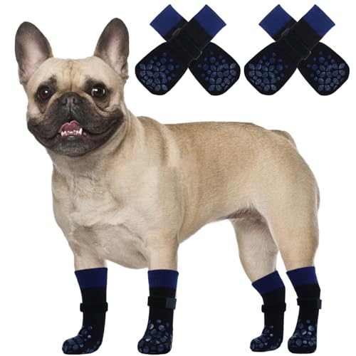 PUMYPOREITY 2 Paar Weihnachtliche Hundesocken Anti Rutsch, Indoor Anti-Rutsch Socken Pfotenschutz Leckschutz Hund Pfote Hundesocken Outdoor(Blau, M) von PUMYPOREITY