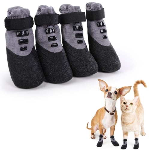 PUMYPOREITY 4 Stück Hundeschuhe Pfotenschutz, Wasserdicht Hundestiefel mit rutschfeste Sohle Warme Winter Hunde Schuhe mit Klettverschluss für Drinnen und Draußen(Grau, S) von PUMYPOREITY