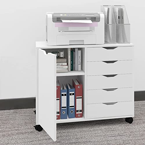 PUNCIA Rollcontainer aus Holz Aktenschrank mit Universalräder Büroschrank mit 5 Schubladen und Tür Druckertisch für Akten & Dokumente Bürowagen für Büro Office Zuhause Weiß 78x40x60cm von PUNCIA