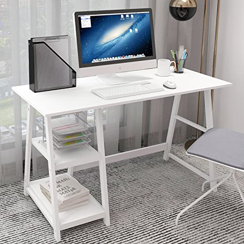 PUNCIA Schreibtisch mit 2 Ablagen Computertisch aus Holz & Metall Bürotisch PC Laptop Tisch Arbeitstisch 120 cm weiß für Schüler Büro Arbeitszimmer Wohnzimmer Zuhause Schule von PUNCIA