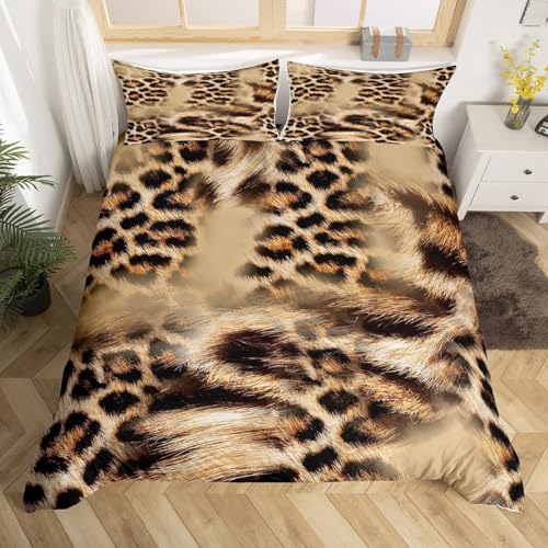 PUOJIEAT Bettwäsche 155x220 Leopardenmuster, 3D Bettbezug Tierfell Mikrofaser Bettwäsche Set, Bettwäsche-Sets 155x220 + 2 Kissenbezug mit Reißverschluss OPQ1237 von PUOJIEAT