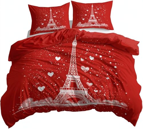 PUOJIEAT Bettwäsche 155x220 Rot Paris Weich Mikrofaser Bettwäsche-Sets Wendbares Paris Bettbezug mit 2 x Kissenbezug 80x80 cm 3D Bettzeug Set r.2639 von PUOJIEAT