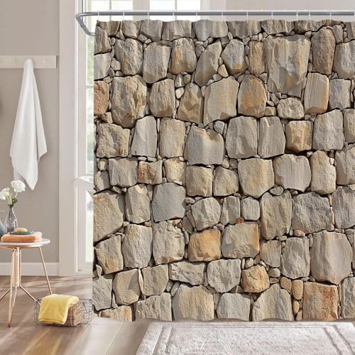 PUOJIEAT Duschvorhang 100x200 Steinmauer, Duschvorhang Anti-schimmel Ziegelmauer 3D Duschvorhänge Waschbar für Badezimmer Badewannen mit 8 Ringe 3288-FG von PUOJIEAT