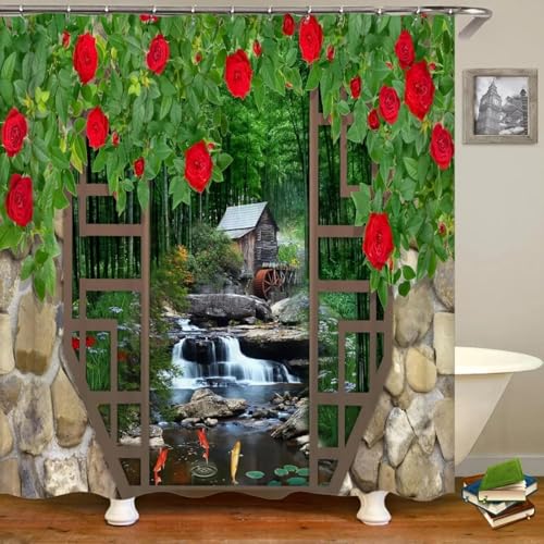 PUOJIEAT Duschvorhang 120 x 200 Bogenansicht, Duschvorhang Anti-schimmel Rote Rose 3D Duschvorhänge Waschbar für Badezimmer Badewannen mit 8 Ringe 2488-FG von PUOJIEAT