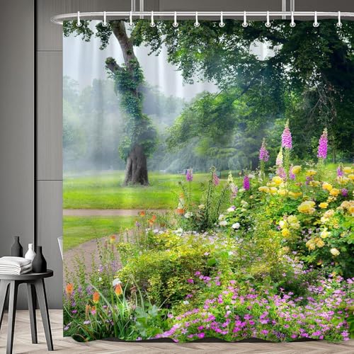 PUOJIEAT Duschvorhang 120 x 200 Garten Im Freien, Duschvorhang Anti-schimmel Natürliche Landschaft 3D Duschvorhänge Waschbar für Badezimmer Badewannen mit 8 Ringe 3442-FG von PUOJIEAT