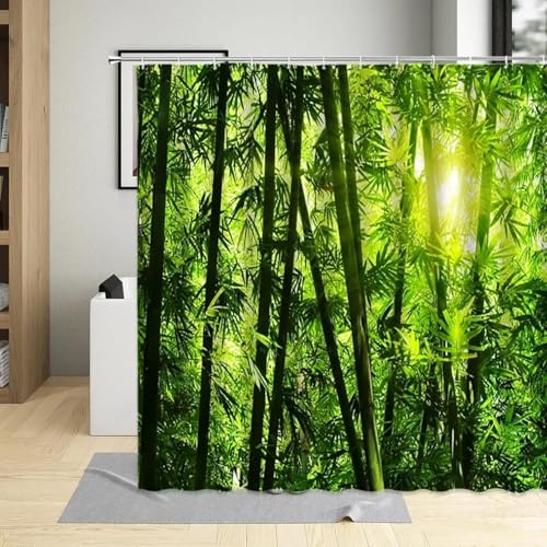 PUOJIEAT Duschvorhang 120 x 200 Grüner Bambus, Duschvorhang Anti-schimmel Bambuswald 3D Duschvorhänge Waschbar für Badezimmer Badewannen mit 8 Ringe 472-FG von PUOJIEAT