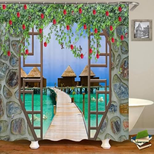 PUOJIEAT Duschvorhang 120 x 200 Hawaii, Duschvorhang Anti-schimmel Holzbrücke 3D Duschvorhänge Waschbar für Badezimmer Badewannen mit 8 Ringe 913-FG PUOJIEAT Duschvorhang 120 x 200 Hawaii, Duschvorhang Anti-schimmel Holzbrücke 3D Duschvorhänge Waschbar für Badezimmer Badewannen mit 8 Ringe 913-FG von PUOJIEAT