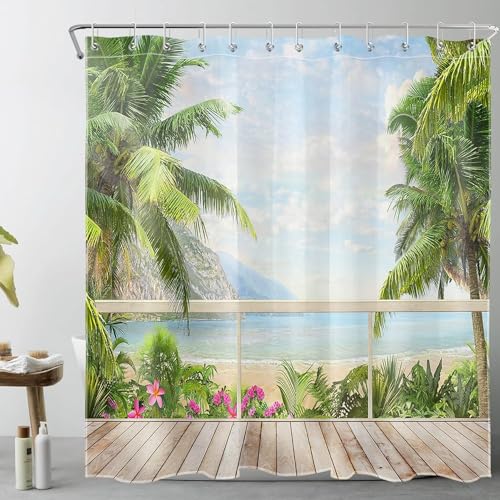 PUOJIEAT Duschvorhang 120 x 200 Hawaii, Duschvorhang Anti-schimmel Tropische Palmen 3D Duschvorhänge Waschbar für Badezimmer Badewannen mit 8 Ringe 3478-FG von PUOJIEAT