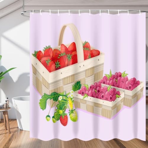 PUOJIEAT Duschvorhang 120x180 Erdbeere, Duschvorhang Anti-schimmel Litschi 3D Duschvorhänge Waschbar für Badezimmer Badewannen mit 8 Ringe 3377-FG von PUOJIEAT