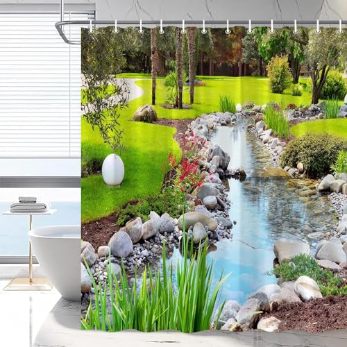 PUOJIEAT Duschvorhang 120x180 Natürliche Landschaft, Duschvorhang Anti-schimmel Gartenszene 3D Duschvorhänge Waschbar für Badezimmer Badewannen mit 8 Ringe 3566-FG von PUOJIEAT