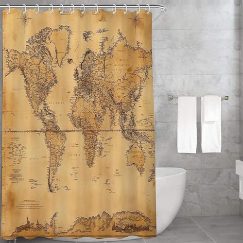 PUOJIEAT Duschvorhang 120x180 Weltkarte, Duschvorhang Anti-schimmel Retro 3D Duschvorhänge Waschbar für Badezimmer Badewannen mit 8 Ringe 227-FG von PUOJIEAT